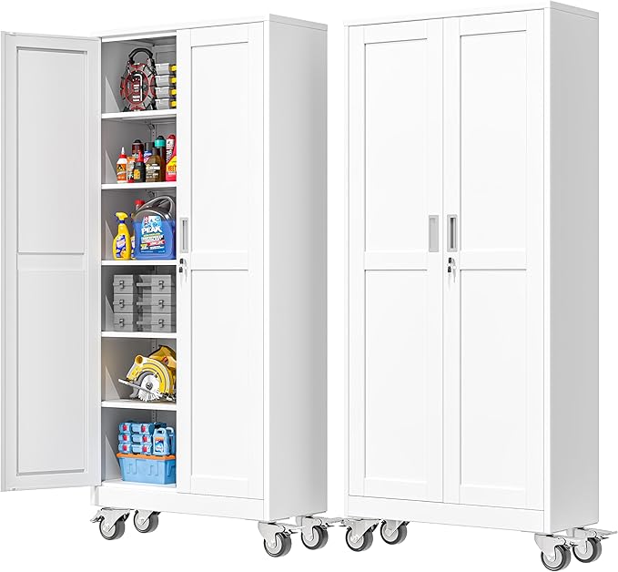 PAOFIN 75''H Metal Garage Storage Cabinet with Wheels,Steel File Cabinets with 2 Doors and 5 Adjustable Shelves for Home Office, Warehouse, Required Assembly,White