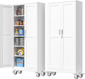 PAOFIN 75''H Metal Garage Storage Cabinet with Wheels,Steel File Cabinets with 2 Doors and 5 Adjustable Shelves for Home Office, Warehouse, Required Assembly,White