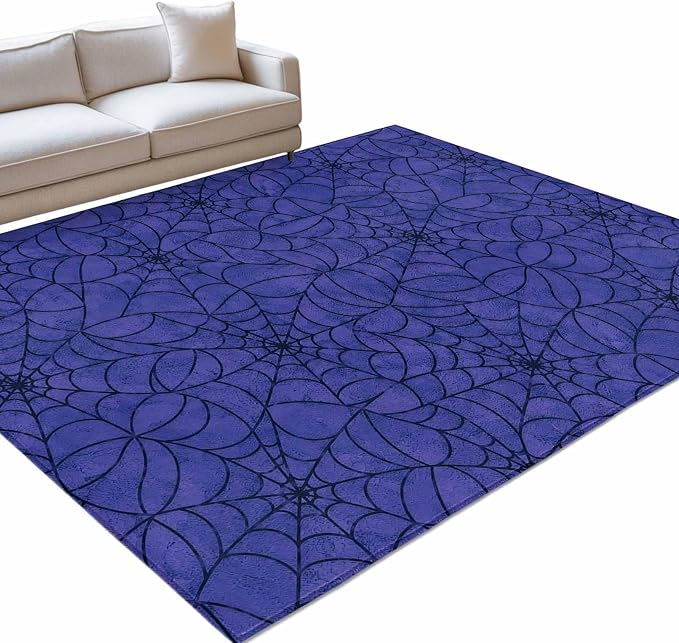 Area Rug 3'x5', Navy Blue Halloween Washable Large Area Rugs for Kitchen Bedroom Laundry Bathroom Office, Black Spiders Net Classic Gingham Non Slip Door Mat Indoor Entryway Floor Accent Throw Carpet