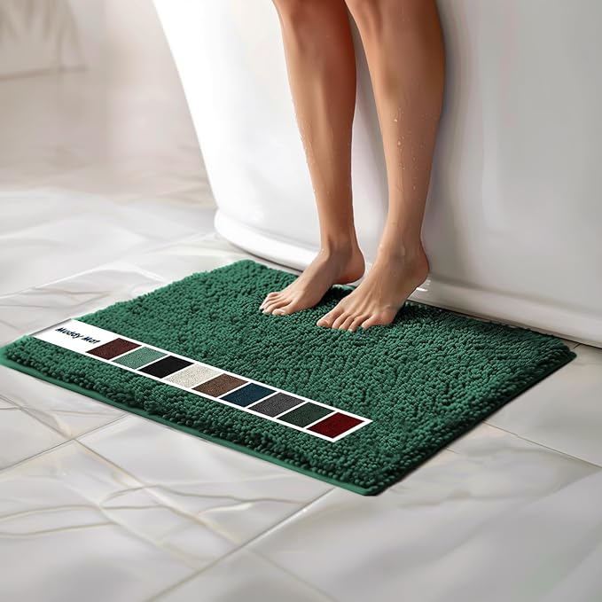 Muddy Mat® | Chenille Bathroom Rugs Quick Dry Microfiber Mats Non Slip Washable, Extra Thick, Soft and Highly Absorbent Bath Mats for Bathroom, Kitchen, and Shower Floor - Dark Green 19"x30"