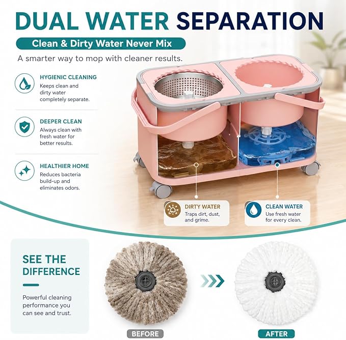 2026 Upgraded Gen 2 Spin Mop and Bucket Set with 4 Swivel Wheels for Easy Rolling, Separates Clean & Dirty Water, Floor Mop with 6 Washable Mop Heads for Wood, Tile, Vinyl, Baseboards - Pink