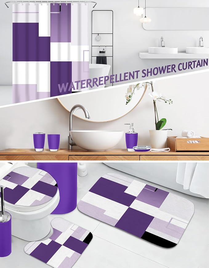 Lnond Purple Bathroom Set, 22-Piece Purple Geometic Bathroom Decor Set with with Shower Curtain and Rugs, Trash Can, Toilet Brush Holder Set & Soap Dispenser