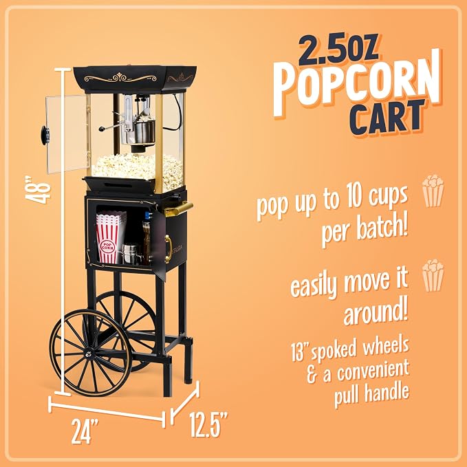 Nostalgia Popcorn Maker Machine - Vintage Theater Style Popcorn Cart With 2.5oz Stainless Steel Kettle, Makes Up To 10 Cups Easily - Bring Home the Fun with Theater Style Popcorn Machine-Black