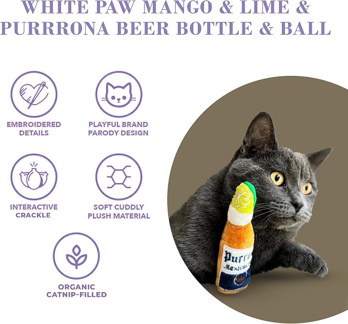 Haute Diggity Kitty White Paw Mango & Lime + Purrrona Beer Bottle & Ball Set, Plush Cat Toys Catnip Filled with Interactive Crackle Sound, Safe & Durable Toys for Cat & Kitten, 4 Pcs