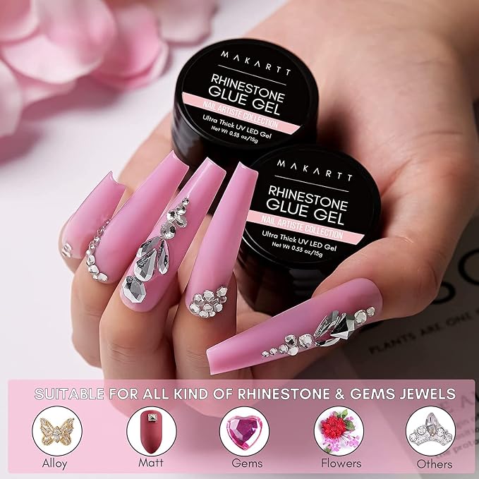 Makartt Nail Rhinestone Glue with Brush Kit High Viscosity Nail Charms Gel | 30-Day Strong Hold Extra Thick Support Gel 15ML for Gem, 5mm+ Crystals, Stones, 3D Nail Decor, UV/LED Cured, DIY Salon Use