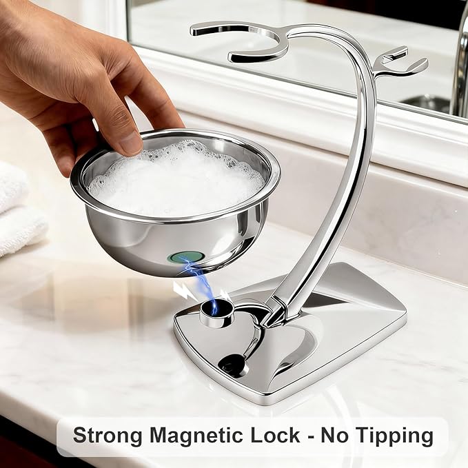 GRUTTI Shaving Bowl and Stand Set with Magnetic Base - 304 Steel Bowl & Chrome-Plated Alloy Stand, All-in-One Storage, Fits Most Razors & Brushes (Bowl & Stand Only)