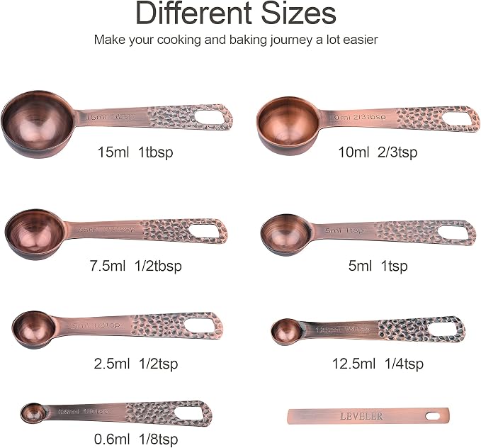 Copper Measuring Cups and Spoons Set 14, Stainless Steel Measuring Cups and Spoons set, Metal 6 Measure Cup and 7 Measure Spoon with 1 Leveler for Kitchen & Baking