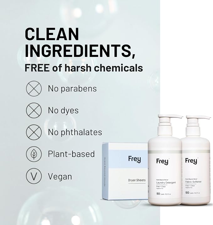 FREY The Complete Package - Concentrated Liquid Laundry Detergent, Fabric Softener, & Dryer Sheets (Fragrance-Free)