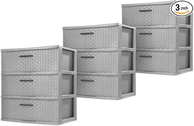 Sterilite 3 Pack 3 Drawer Wide Storage Tower, Weave Organizer, Cement | Lightweight Opaque Home Organization Container for Bedrooms, Closets, or Bathrooms