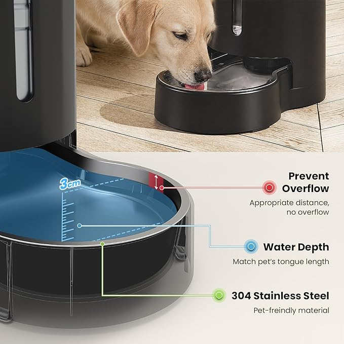CZPET Dog Water Bowl Dispenser 9.5L, Wider Mouth Gravity Refilling (Black) | Upgraded Brush, Easy to Clean Automatic Cat Waterer with Removable Stainless Steel Bowl, Large Drinking Area for Multi-Pet