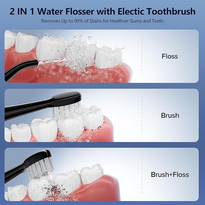 Electric Toothbrush with Water Flosser Combo for Teeth Brushing & Flossing, Sonic Electric Toothbrush for Adults, Cordless Water Flosser for Home & Travel, Portable Travel Case Included