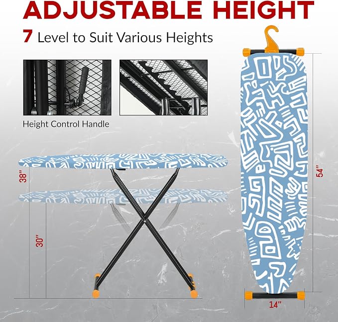 Large Ironing Board Full Size 54x14, RAINHOL Height Adjustable Steel Frame Iron Table with Thick Padded Cover and Iron Rest, Foldable for Compact Storage, Blue