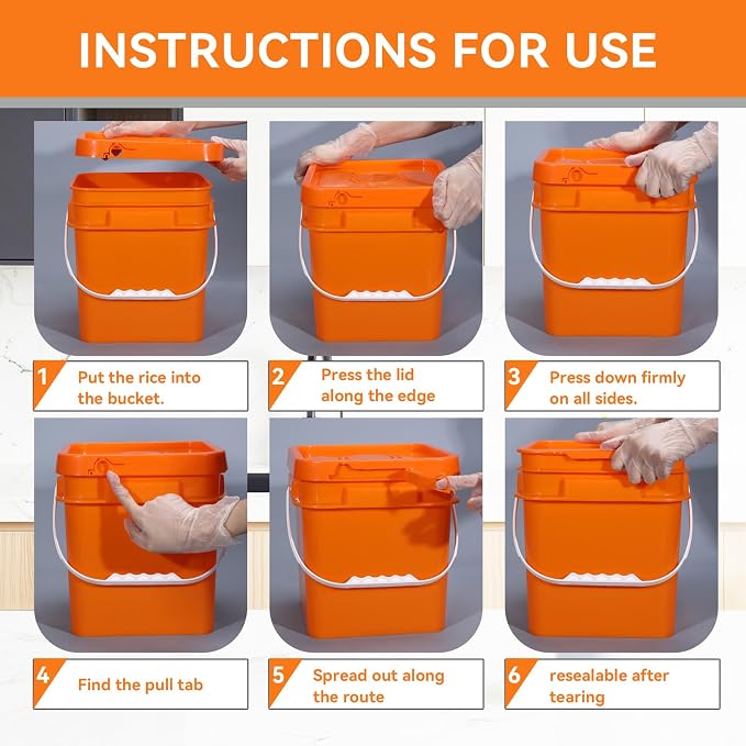 Food Storage Buckets with Lids - 4 Set Square Clear Plastic Containers, Airtight Pressure Seal & Handle for Kitchen Freezer Prep (Orange, 1 gal)