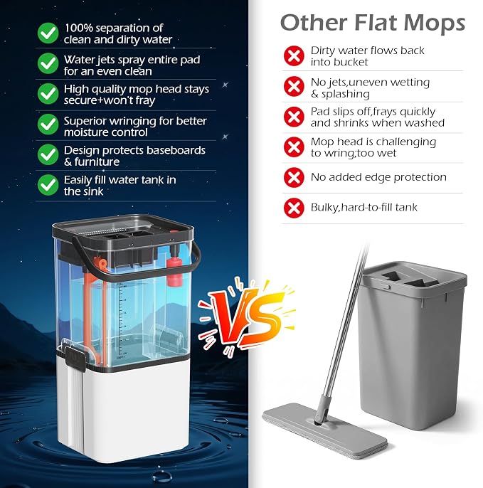 Midyb Mop and Bucket Set, 2026 Upgraded Flat Mop and Bucket System with 2 Pads, Mop Bucket with Wringer Set, Spray Cleaning, Auto Dirty Water Separation Keep Water Fresh, Mops for Floor Cleaning