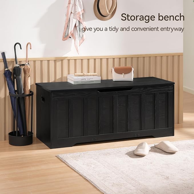 VANKILEY 47.2" Storage Chest Extra Large,Storage Trunk with 2 Safety Hinges,Wooden Storage Bench,Shoe Bench,47.2x15.7x19.1 Inch,Easy Assembly,Storage Bench for Bedroom,Living Room,entryway(Black).