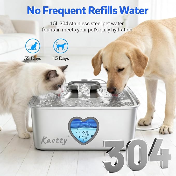 Kastty Large Dog Water Fountain, 15L/3.96Gal Stainless Steel AUTO Pet Water Bowl Dispenser Inside, 5-Stage Filtration, Dual-Color LED, Visual Window, Quiet, for Large Dogs & Multi-Pet, FS80