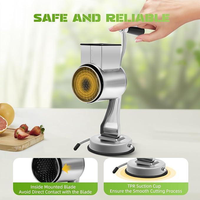 5-In-1 Stainless Steel Rotary Vegetable Cheese Grater Potato Slicer, Countertop Grater Manual Kitchen Shredder Round Food Chopper with Blades for Cafeterias Restaurants Hotels