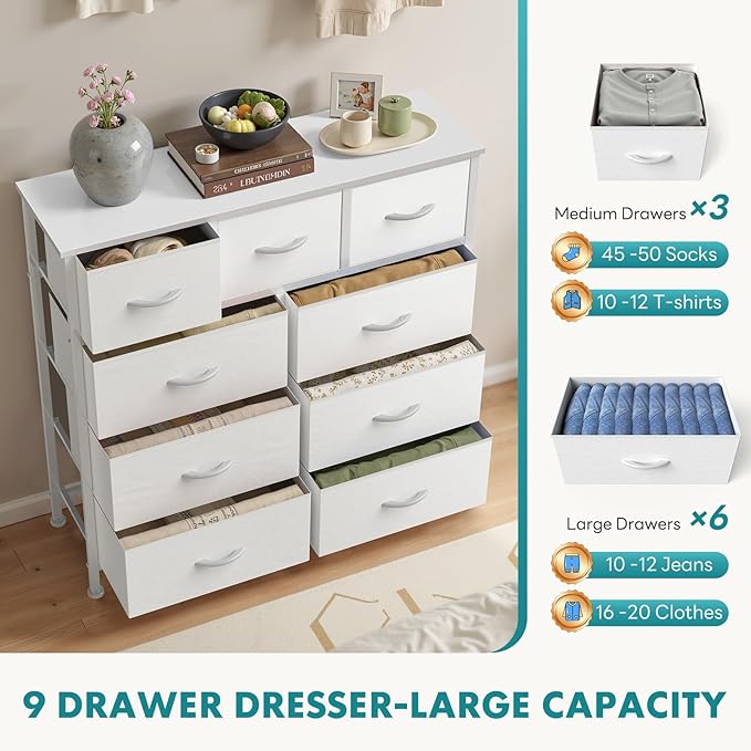 OLIXIS 9 Drawer Storage Dresser with Wood Top - Wide Fabric Chest Organizer for Bedroom, Closet, Living Room,Tower Cabinet, TV Stand, Hallway Entryway Furniture,Bright White