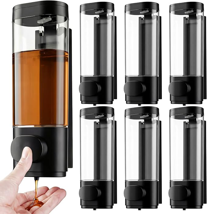 Junkin 6 Pcs Manual Bathroom Wall Mounted Soap Dispenser 300ml Black Kitchen Bathroom Commercial Shower Clear Refillable Soap Dispenser Clear Plastic Refillable Liquid Lotion Pump and Organizer