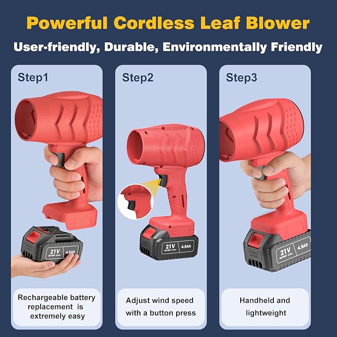Electric Mini Leaf Blower, Powered Handheld Blower Leaf, Adjustable Wind Speed Cordless 21V Battery Blower with 2 Rechargeable Batteries and Charger, Toolbox, for Yard Leaf & Snow Removal(Red)