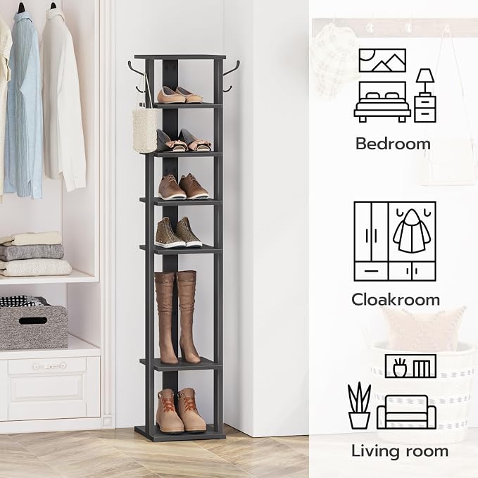 HOOBRO 8 Tiers Vertical Shoe Rack, Wooden Shoe Storage Organizer with Hooks, Narrow Shoe Tower for 8 Pairs, Space Saving, for Entryway, Living Room, Bedroom, Black BK07XJ01