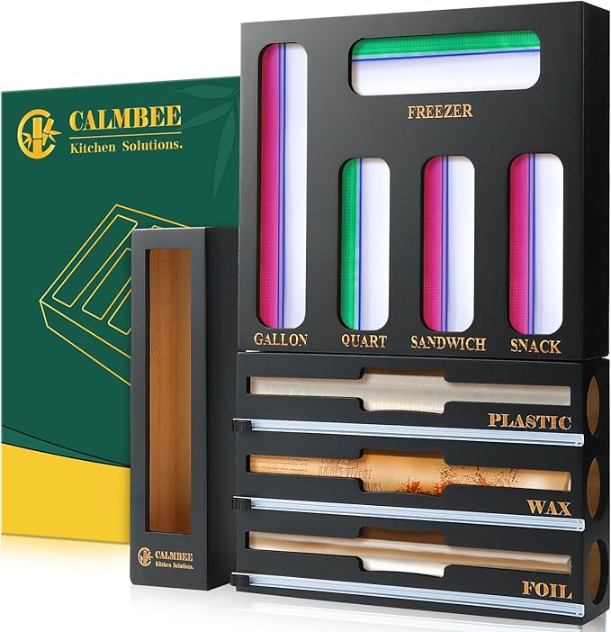 Calmbee 9 in 1 Bamboo Storage Bag Organizer for Kitchen Drawer – Plastic Wrap Dispenser with Cutter & Foil Organizer, Wooden Baggie Organizer for Sandwich, Snack, Gallon, Quart Sizes, Black