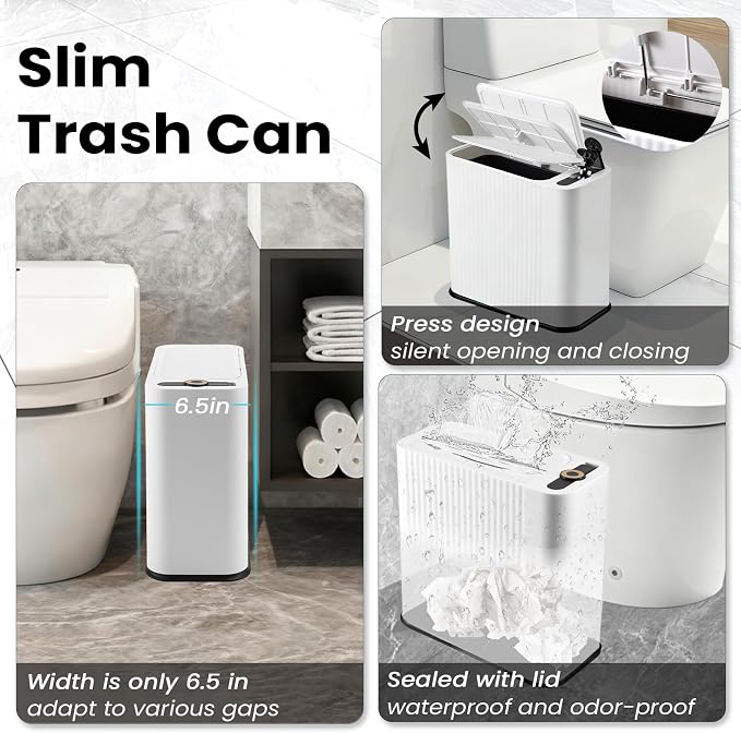 XLHOMO 9-Piece White Bathroom Accessories Set - Minimalist Matte Stripe Set with Slim Press-Top Trash Can, Soap Dispenser & Toothbrush Holder - Aesthetic Apartment Essentials