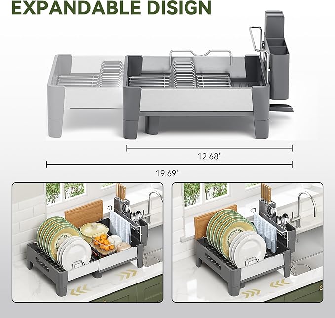 Urackify Expandable Dish Drying Rack, Stainless and Aluminum Frame, Gray | Dish Drainer for Kitchen Counter, Space Saving Kitchen Drying Rack with Movable Utensil Holder, 19.69"L x 13.46"W x 9.06"H