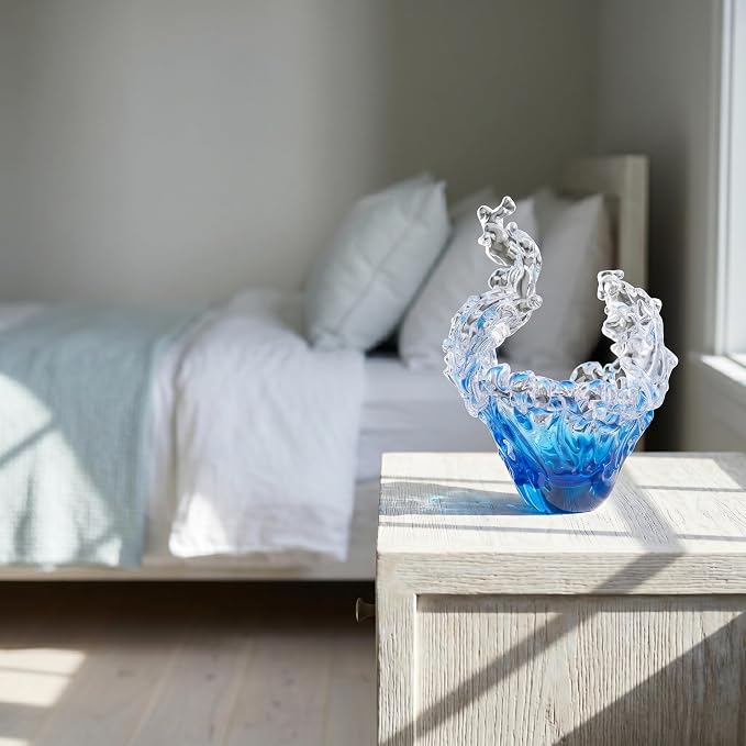 suruim Hand Blown Glass Wave Sculpture Figurines Blue and Clear Art Glass Bowl for Home Decor, Sea Glass Figurine, Nautical Sea Glass Decorations, Multipurpose Storage for Keys, Jewelry, Candy