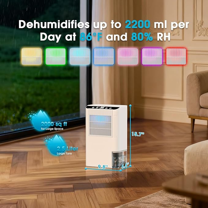 Dehumidifiers for Home, 2000 Sq.Ft Small Dehumidifier with 3.3ft Drain Hose, 2.5L Tank, Timer Sleep Mode, Portable Dehumidifier for Basement, Bedroom, Bathroom (Pearl White)