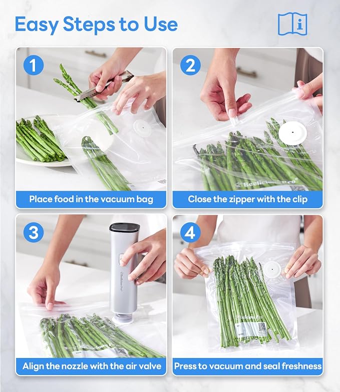Reusable Vacuum Sealer Bags for Food, 30 PCS BPA-Free Food Storage Bags with Air Valve, Leakproof & Odor-Resistant for Sous Vide, Freezer & Microwave, Compatible with Most Vacuum Sealers