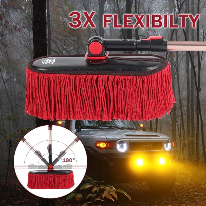 Car Duster Exterior with Extendable Handle, Scratch Free Auto Wash Brush Mop, Interior Detailing Kit for Truck RV Boat - Wax Cotton Duster & Interior Brush, Red