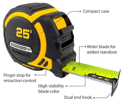 Komelon 25-Ft Contractor TS Wide blade Tape Measure with Backside Printing, Manual Lock, Fat Max(93425)