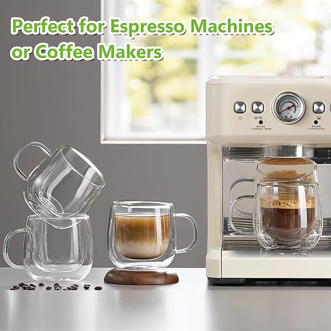 4 Pack Double Walled Glass Coffee Mugs, 16 oz Large Insulated Clear Coffee Cups with Handle, Cappuccino Mug for Espresso, Latte, Americano, Tea Bag, Beverage, Heat & Cold Resistant
