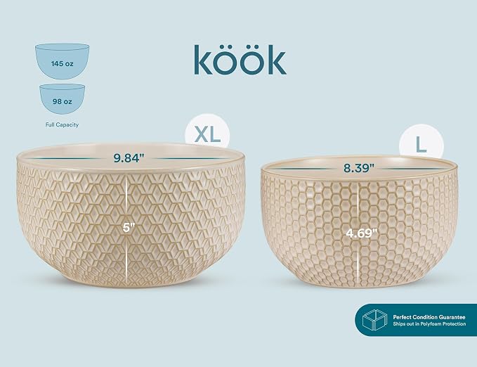 KooK Ceramic Mixing Bowls, Nesting Set of 4, Embossed Kitchen Dishware, Prep, Serving, Gift, Microwave and Dishwasher Safe, 20/44/98/145 oz, Narbonne Collection (Almond)
