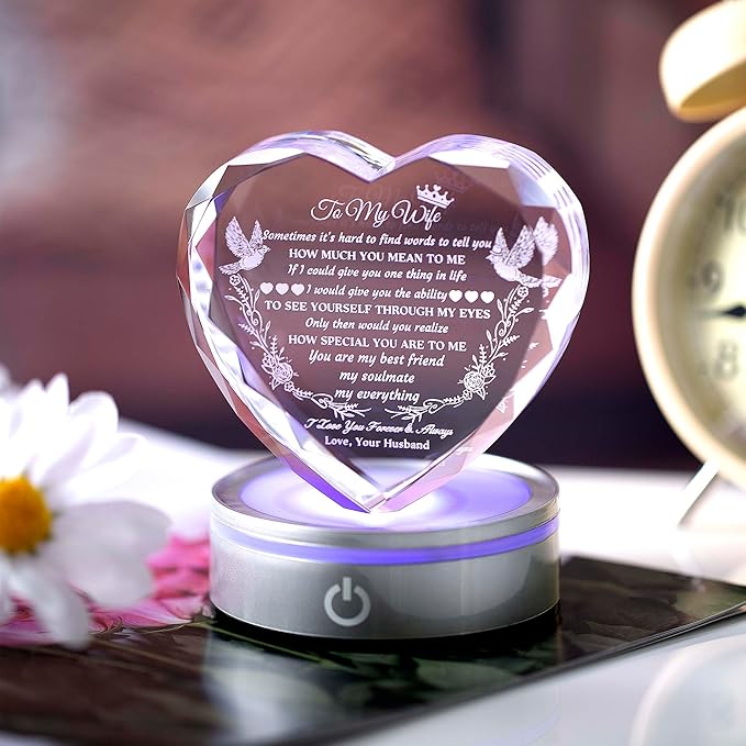 Gifts for Wife with LED Base, Romantic Crystal Keepsakes Presents for Wedding Valentines Day Christmas, Anniversary Birthday Gift for Women from Husband