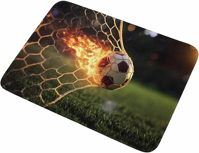 Flaming Soccer Bathroom Rugs Non Slip Washable Bath Mat Absorbent Front Door Mat Goal Net Powerful Fire Orange Grass Green Indoor Doormat for Kitchen Entryway Shower Decor Accessories 19.7"x31.5"