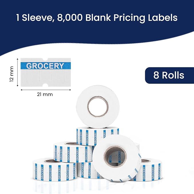 Perco 1 Line Blue Reverse Print on White Grocery Labels— 8,000 Labels for Perco Lite, X, Plus & Pro Guns—with Tamper-Proof Design for Supermarkets, Corner Stores and More—8 Rolls, 1 Sleeve—Made in USA