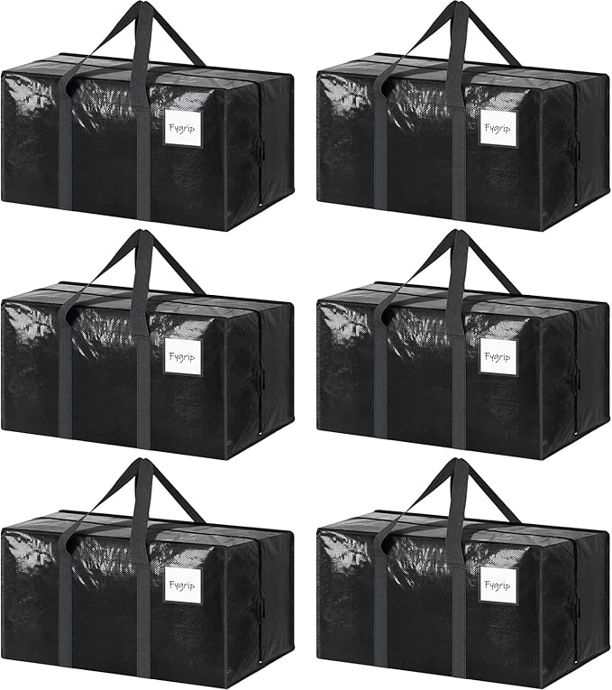 6 Pack Extra Heavy Duty Large Moving Bags with Strong Zipper & Comfortable Handles, Sturdy & Durable Clothes Storage Bags Totes Bins, Packing Moving Boxes for College Supplies, Black | Comfortable Handles, Sturdy & Durable Clothes Storage Bags Totes Bi...