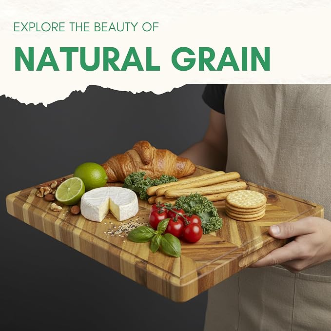 Herringbone Acacia Wood Cutting Boards for Kitchen, 1.5 in Thick Butcher Block Construction for Stability, 17 x 13 in Large Cutting Boards with Gift Box, Juice Groove and Handle