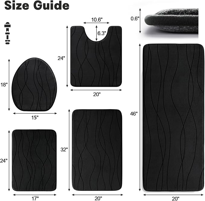 YIHOUSE Bathroom Rugs Set 5 Piece, Memory Foam Bath Mat Black | Ultra Soft, Absorbent, Non-Slip, Machine Washable, for Bathroom, Sink and Toilet