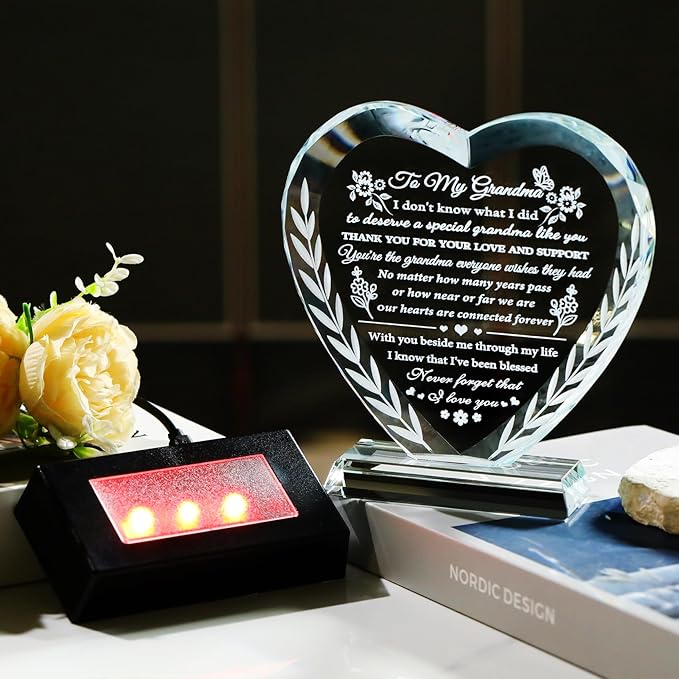 YWHL Gifts for Grandma from Granddaughter Grandkids, Great Grandma Birthday Gifts with Colorful Light Base, Crystal Keepsake Gift Ideas for Grandmother on Christmas Mother's Day
