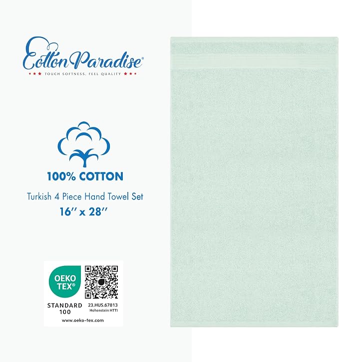 Cotton Paradise 100% Cotton Turkish Towel Set, Soft Absorbent Quick Dry, 4 Piece Hand Towel Set, Mint Green
