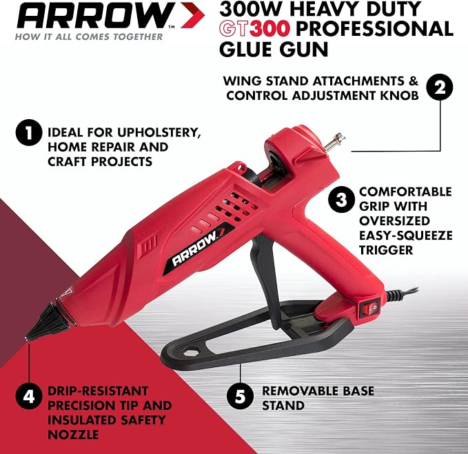 Arrow Fastener 300-Watt Heavy Duty Professional Electric Hot Melt Glue Gun for Crafts, Construction, and Wood, Clear | For Crafts, Construction & Wood, Removable Base Stand, Comfortable Grip, Insulated Safety Nozzle, Adjustable Flow Control