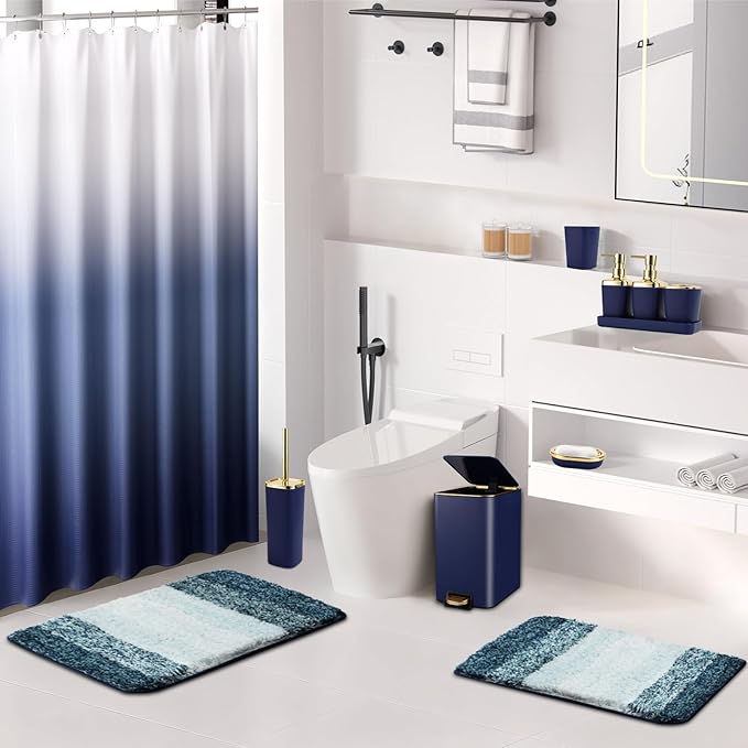 Bathroom Sets with Shower Curtain and Rugs Bathroom Accessories Set Navy Blue Bathroom Set,Soap Dispenser & Toilet Brush Holder Set with Stainless Steel Trash Can(23 PCS)