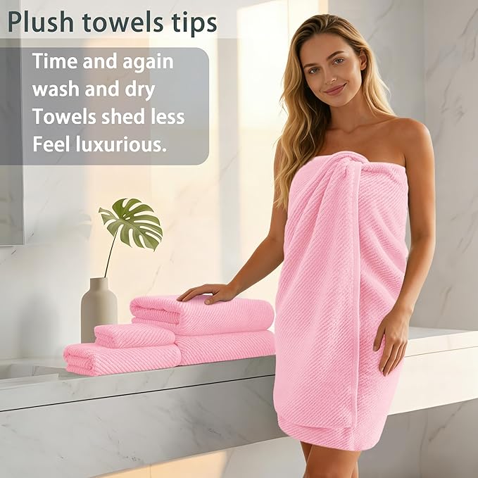VOOVA & MOVAS 6PC Towel Set, 100% Cotton, Pink | 2 Large Bath 30x56 In, 2 Hand 18x28 In, 2 Washcloths 13x13 In, Soft, Quick Dry, Thick, Luxury Towel Gift Set