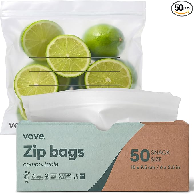 Vove Compostable Snack Bags 50 Ct, Eco-Friendly Zip Bags for Kids School Lunches and On-the-Go Snacks, PFAS-Free and BPI Certified, Freezer Safe Airtight Seal, Plant-Based