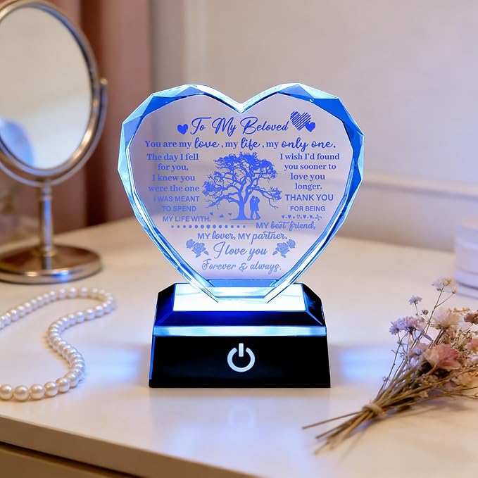 ZHSHWAT Romantic Crystal Heart Night Light for Wife Love Tree Engraved Keepsake from Husband | Anniversary, Birthday, Valentine's Day Gift for Her I Love You Forever & Always