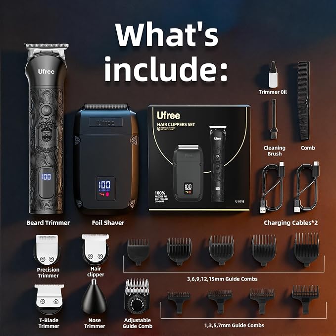 Ufree Foil Shaver and Beard Hair Trimmer Set, Men Electric Razor，Mens Gifts | T-Blade Line with 1-10mm Comb, Zero-Gap, Type-C, LED Display, Versatile for Mustache, Stubble, Nose and Crisp Edges