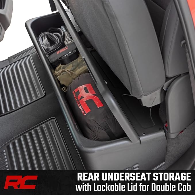 Rough Country Under Seat Storage for Chevy Silverado & GMC Sierra 1500/2500HD/3500HD Double Cab (2019-2026) - Custom Rear Under Seat Organizer Tray with Lockable Lid